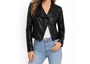 Black Faux Leather Moto Jacket Cropped Asymmetrical Zip Biker Jacket Medium